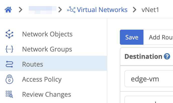 Virtual Network named vNet1 with the Routes option selected in the navigation menu