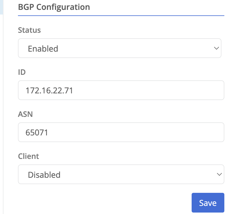 table with BGP router settings