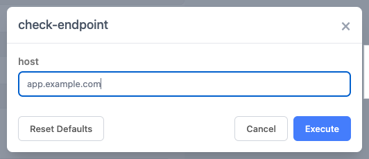 Runtime input dialog for the fictional check-endpoint command, with host set to app.example.com and Cancel and Execute buttons