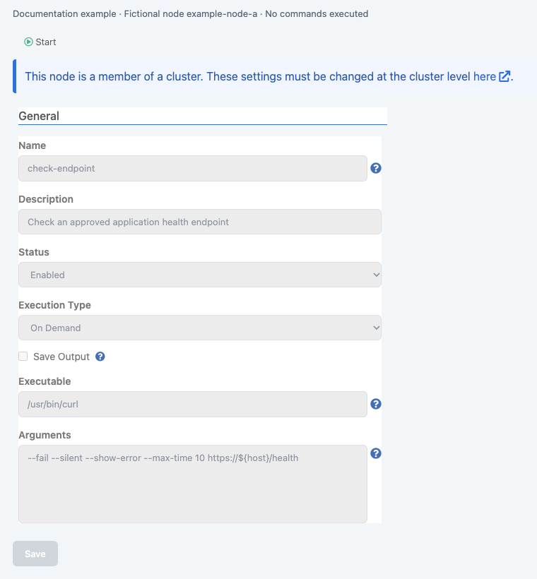 A fictional cluster member command page with Start and a notice that Overview settings must be changed at cluster level