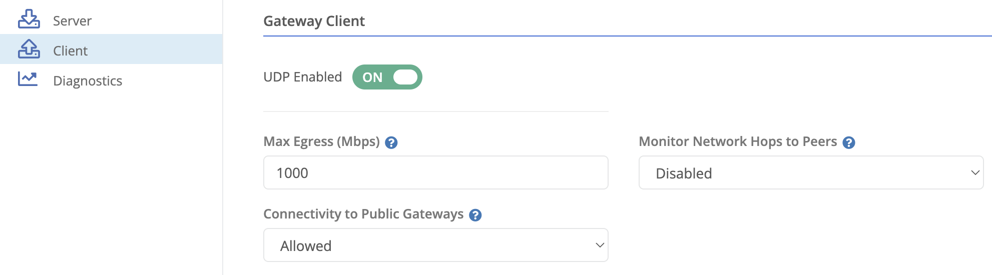 screenshot of gateway client settings