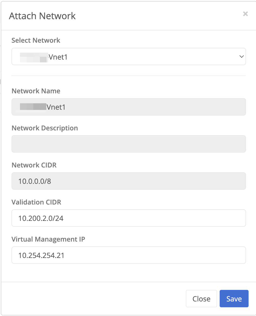Attach Network dialog with options to select network, Validation CIDR and Virtual Management IP
