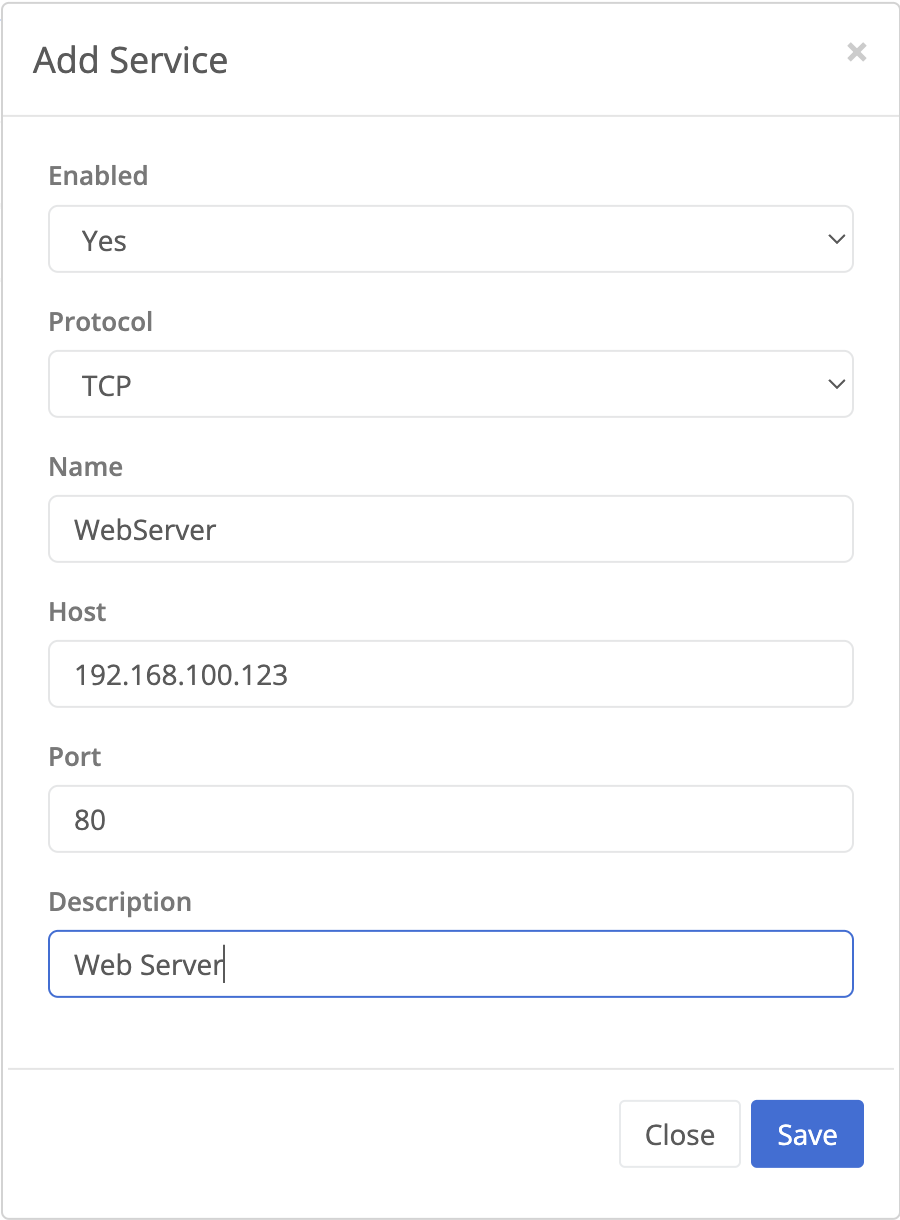 Dialogue to add a service with fields for enabled