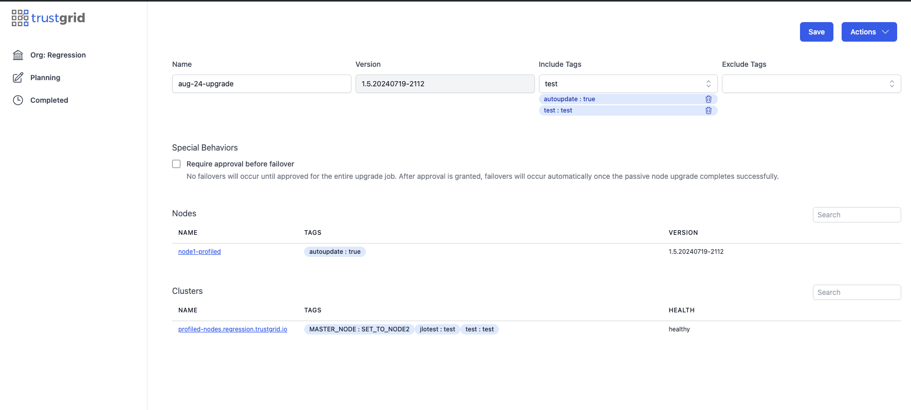 Tables showing nodes and clusters to be upgraded