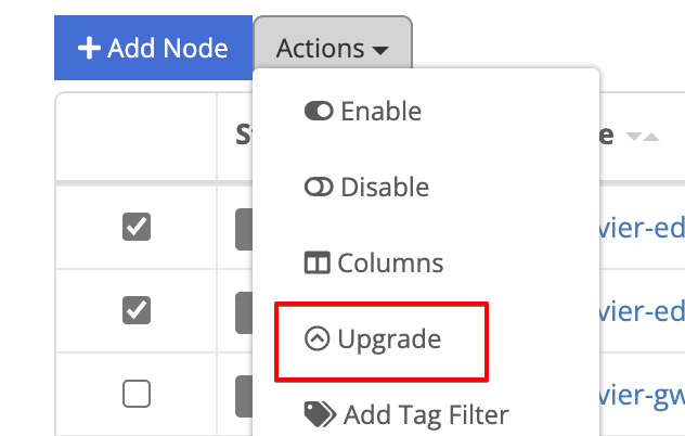 Nodes table with two nodes selected, with the Actions dropdown showing the Upgrade option