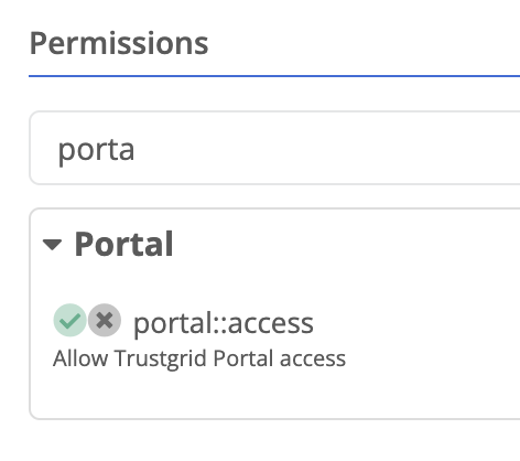 Filtered list of permissions showing Portal section with portal::access allowed