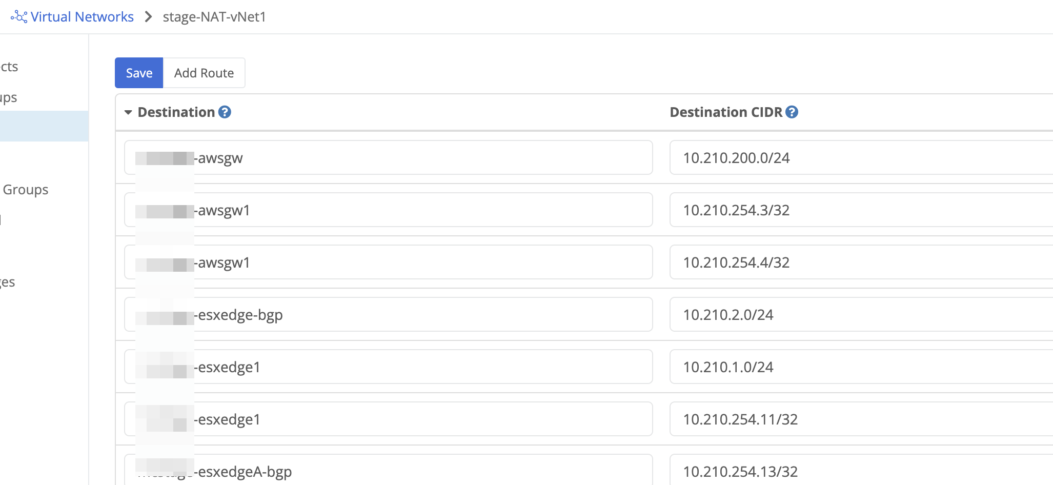 Table with multiple routes listing their Destination device, Destination CIDR, Metric and Description. Sorted by the destination device.