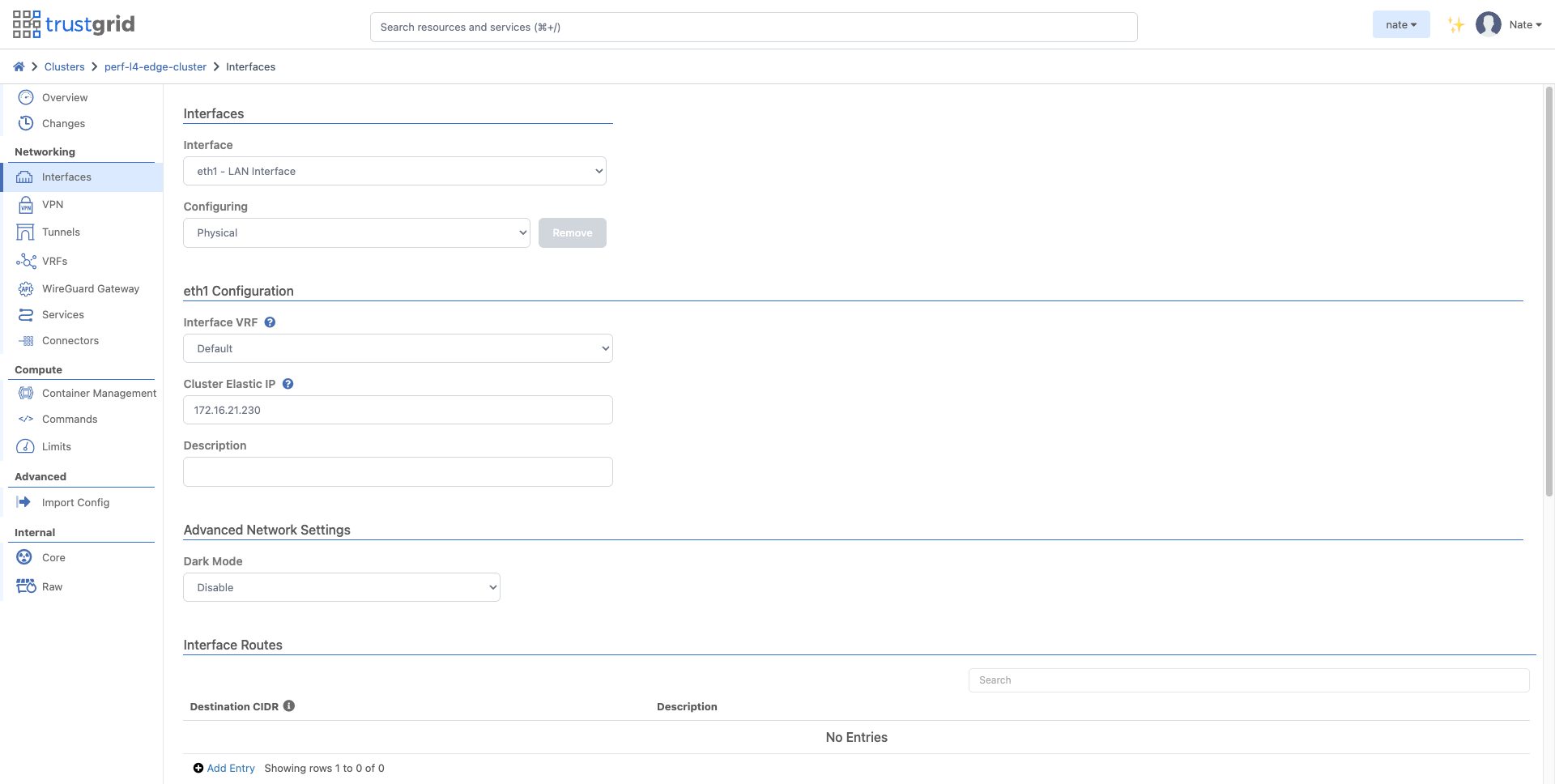 Cluster Interfaces page showing the eth1 LAN interface with a Cluster Elastic IP set