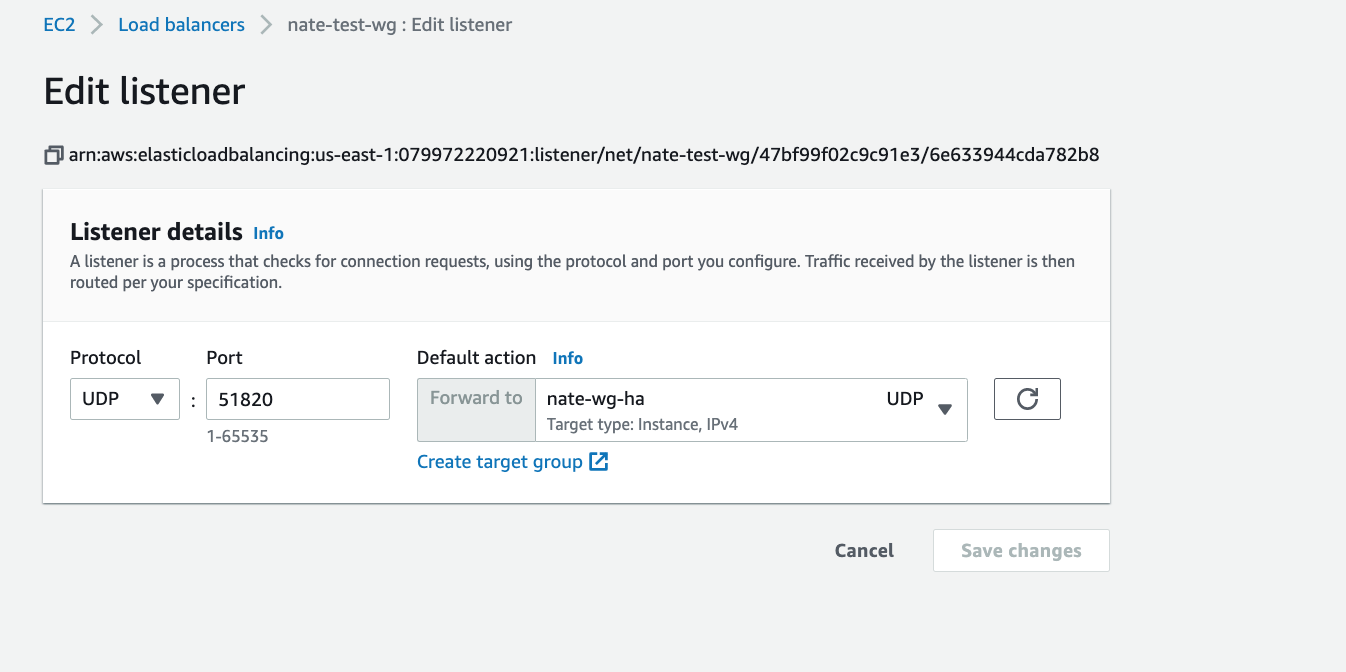 NLB UDP listener forwarding to the Wireguard target group