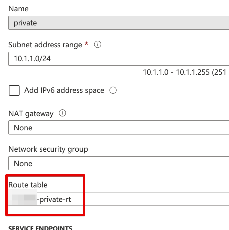 Example subnet showing assigned Route Table
