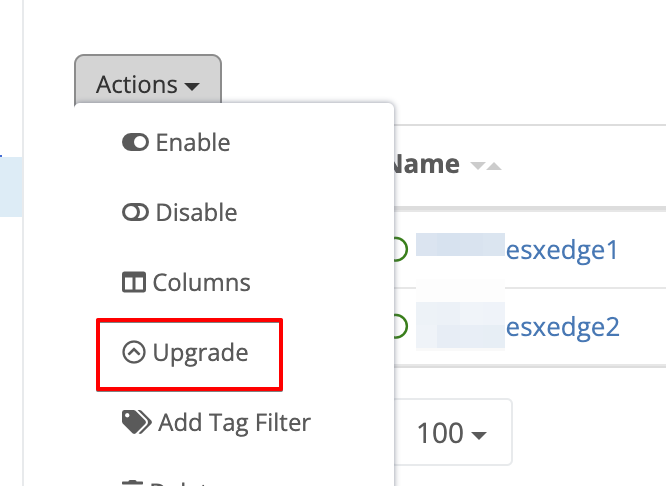 Action dropdown menu with red box around Upgrade option
